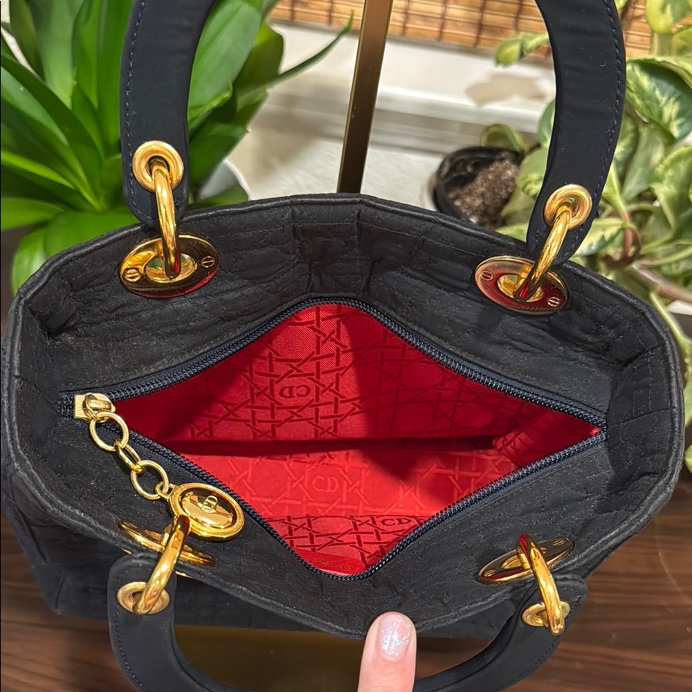 Dior ‘Lady Dior’ Navy Blue and Gold Hand Bag with Iconic Charm - Picture 3 of 10